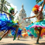 A vibrant carnival scene featuring dancers in colorful costumes.