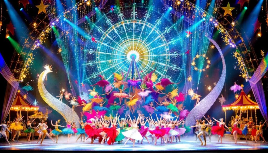 New York City Ballet dancers performing in a carnival-themed production.